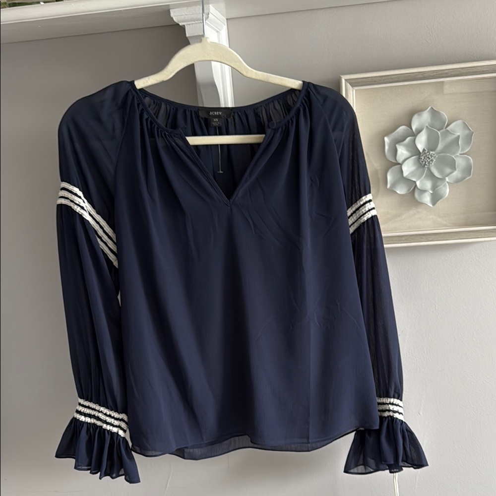 J Crew Navy Blouse with Striped Sleeves size XS